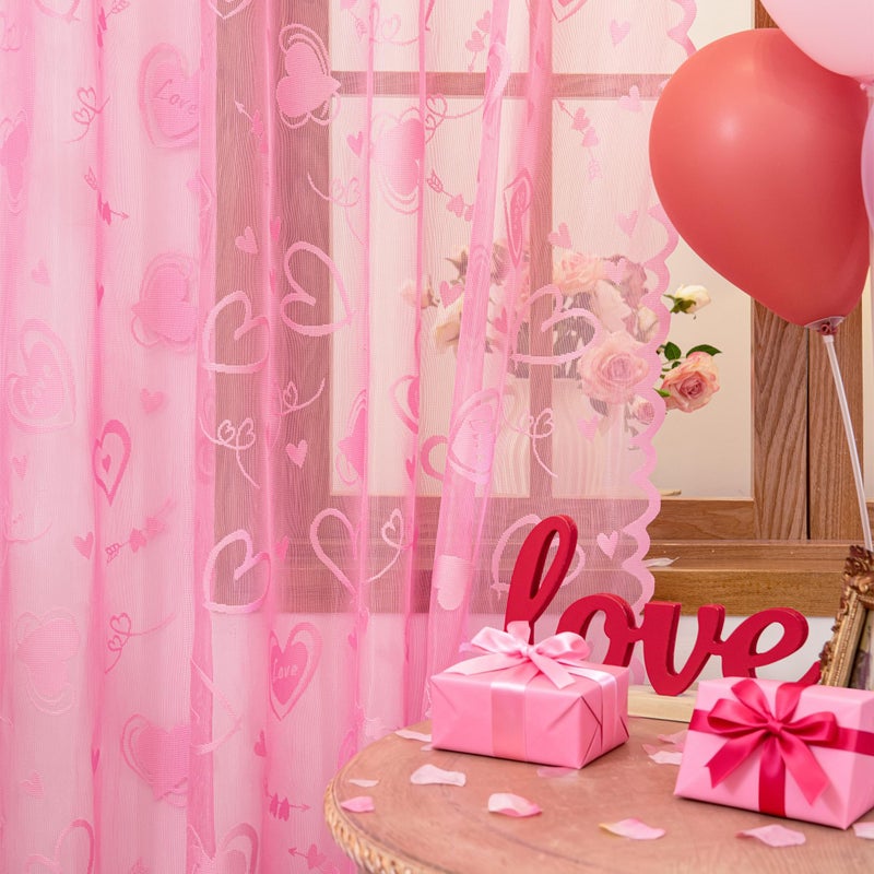 Awnmeow Valentine's Day Lace Curtains, Love Heart Embroidery Weave Sheer Curtains, Holiday Rod Pocket Drapes for Living Room, Pink 2 Panels 52 x 63 Inch - Image 4