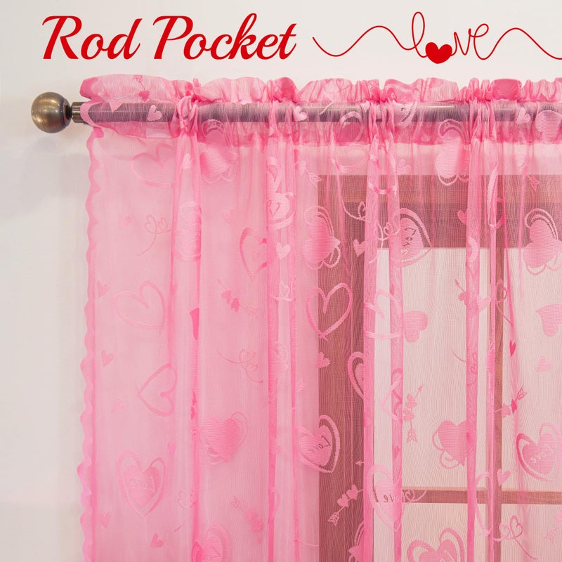 Awnmeow Valentine's Day Lace Curtains, Love Heart Embroidery Weave Sheer Curtains, Holiday Rod Pocket Drapes for Living Room, Pink 2 Panels 52 x 63 Inch - Image 3