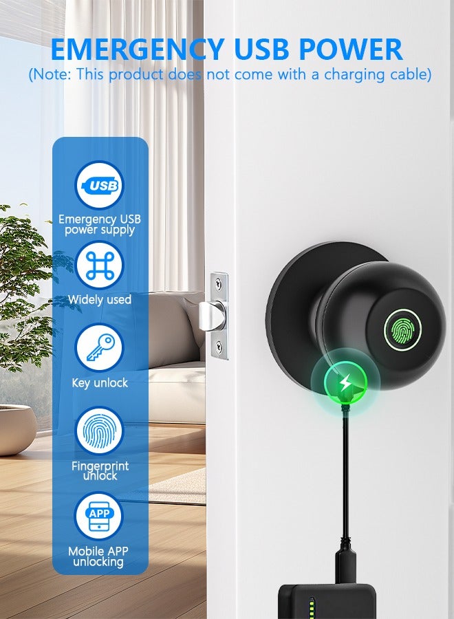 Smart Door Knob, Fingerprint Door Lock with  Keys, Keyless Entry Door Lock, 3 Ways Unlock Biometric Door Knob, Emergency Charging Door Lock for Interior Door,TTlock bluetooth control (Black) - Image 5
