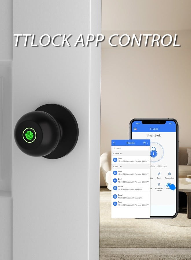 Smart Door Knob, Fingerprint Door Lock with  Keys, Keyless Entry Door Lock, 3 Ways Unlock Biometric Door Knob, Emergency Charging Door Lock for Interior Door,TTlock bluetooth control (Black) - Image 2