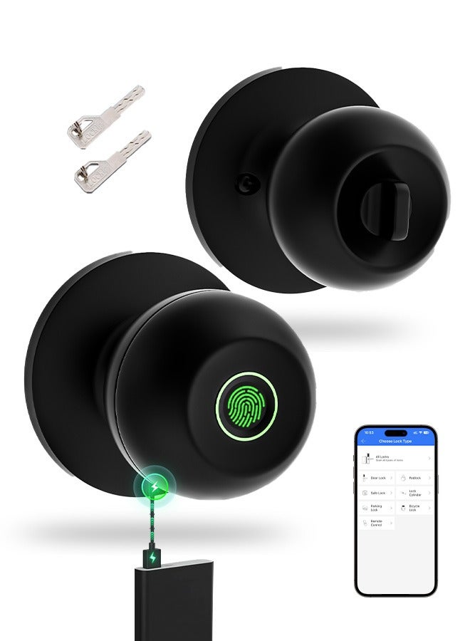 Smart Door Knob, Fingerprint Door Lock with  Keys, Keyless Entry Door Lock, 3 Ways Unlock Biometric Door Knob, Emergency Charging Door Lock for Interior Door,TTlock bluetooth control (Black) - Image 1