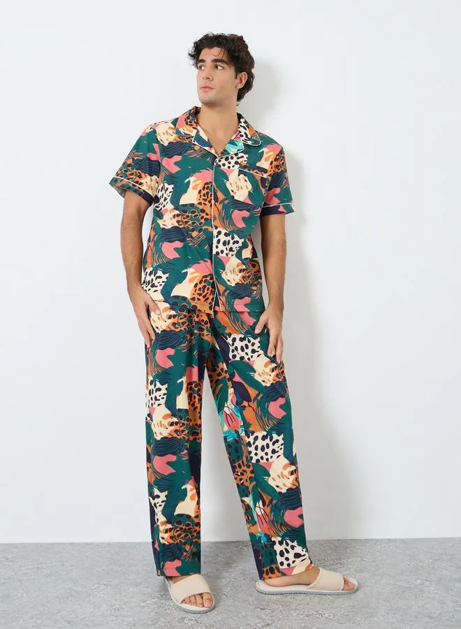 Men Abstract Print Relaxed Fit Shirt and Pyjama Set