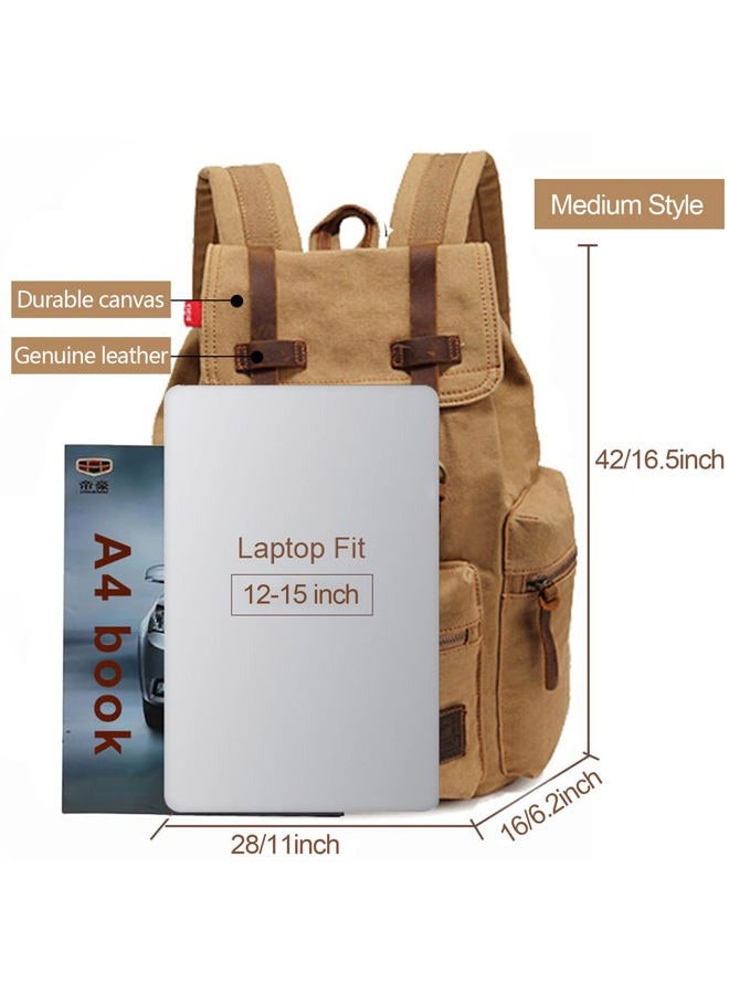AUGUR Canvas Backpack Vintage Leather Large Laptop Rucksack Bookbag Satchel Hiking Bag, Khaki, Medium, Rucksack Backpacks - Image 2