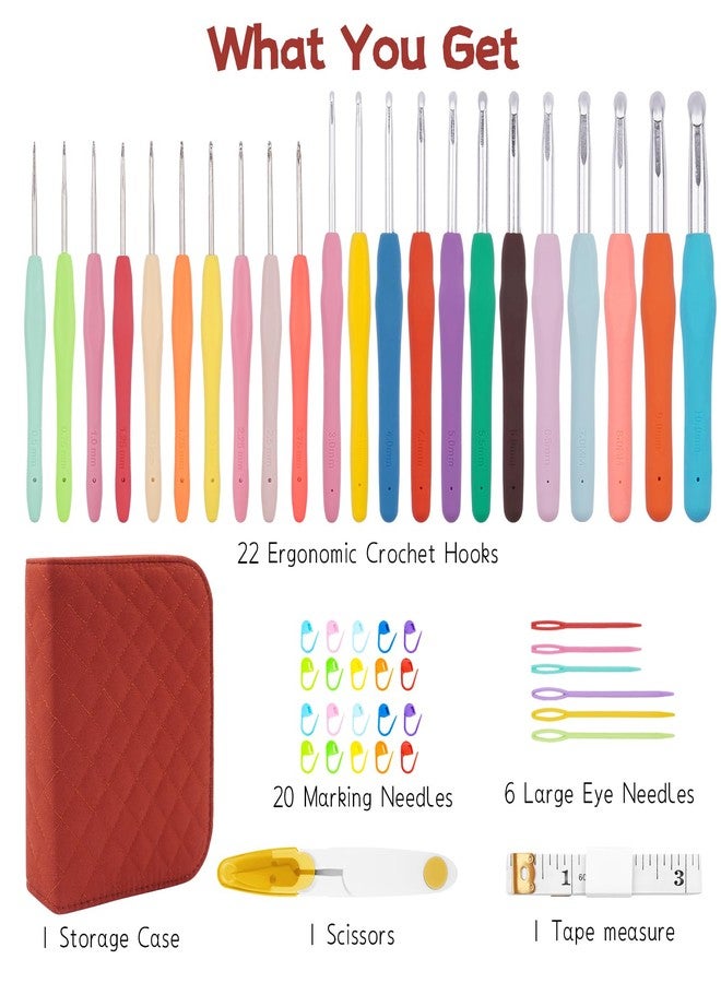 BsHooker Bs 22 Sizes Crochet Hooks Set with Storage Case,0.5mm-10mm Crochet Hooks with Ergonomic Soft Handle for Arthritic Hands,Crochet Kit for Beginners,Red - Image 2