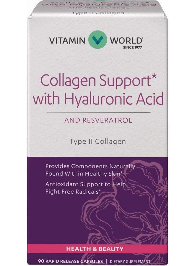 VITAMIN WORLD دعم الكولاجين مع حمض الهيالورونيك 90 كبسولة يدعم صحة البشرة دعم مضادات الأكسدة كولاجين بيولوجي من النوع الثاني ريسفيراترول مستخلص بذور العنب إطلاق سريع خالي من الغلوتين - Image 1