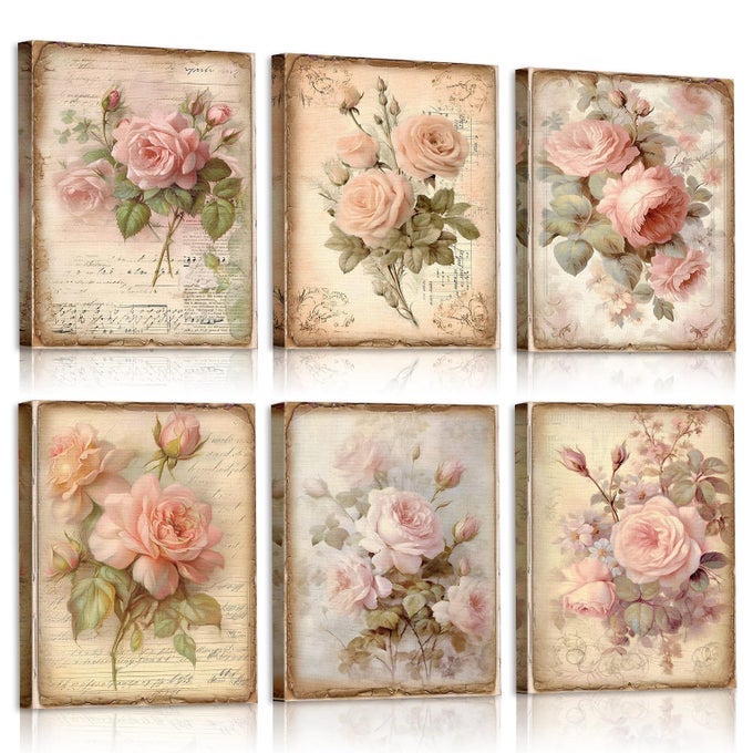 6 Pcs Framed Vintage Flowers Canvas Wall Art Pink Rose Wall Decor Retro Floral Pictures Farmhouses Decor for Home Office Bedroom Plant Printing Painting 8 x 10 Inch