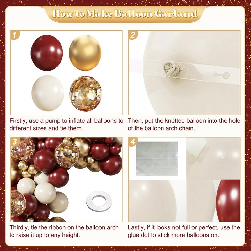 LANGASQUE Burgundy Balloon Arch Garland Kit, 140Pcs Burgundy Maroon Gold Sand White Confetti Balloons With Stars for Birthday Christmas Birdal Shower Graduation Party Decorations - Image 5