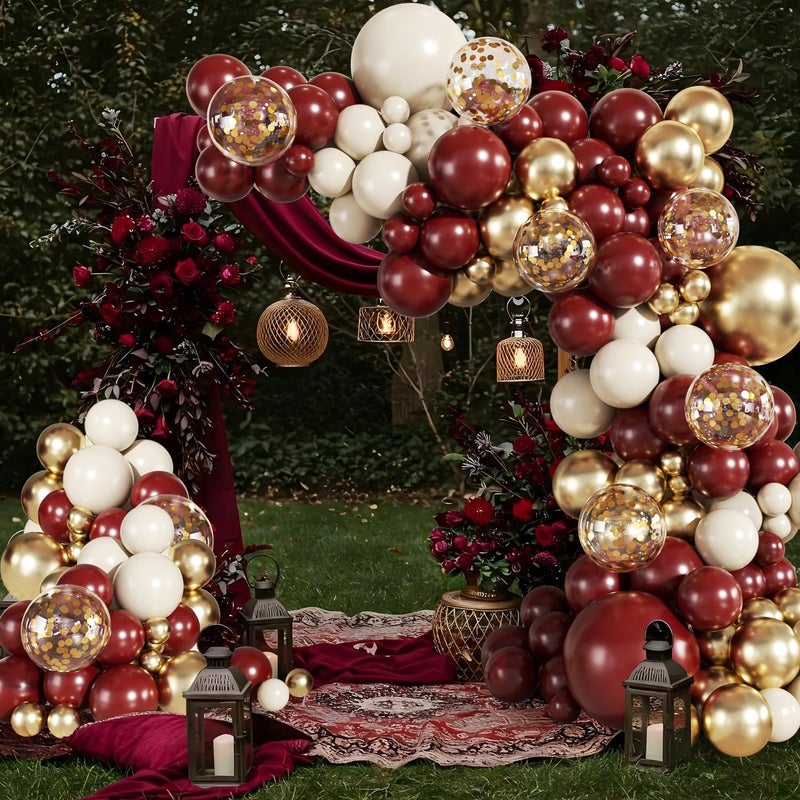 LANGASQUE Burgundy Balloon Arch Garland Kit, 140Pcs Burgundy Maroon Gold Sand White Confetti Balloons With Stars for Birthday Christmas Birdal Shower Graduation Party Decorations - Image 2