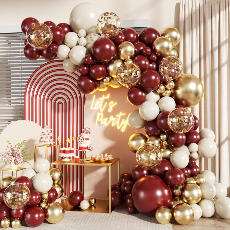 LANGASQUE Burgundy Balloon Arch Garland Kit, 140Pcs Burgundy Maroon Gold Sand White Confetti Balloons With Stars for Birthday Christmas Birdal Shower Graduation Party Decorations - Image 1