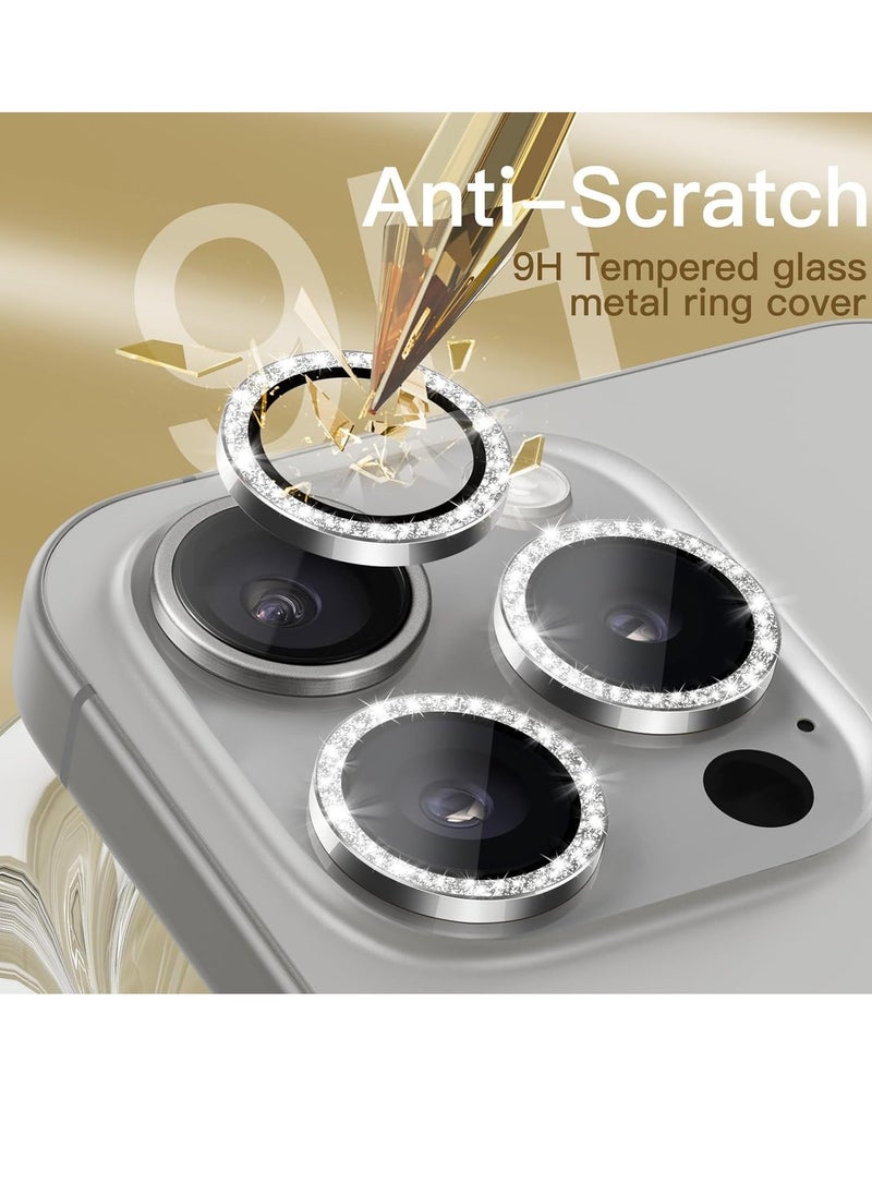Raxoom Camera Lens Protector for iPhone 15 Pro 6.1-Inch and iPhone 15 Pro Max 6.7-Inch, Bling Glitter Individual 9H Tempered Glass Metal Ring Cover, HD Clear, 3-Pack (White Titanium) - Image 4