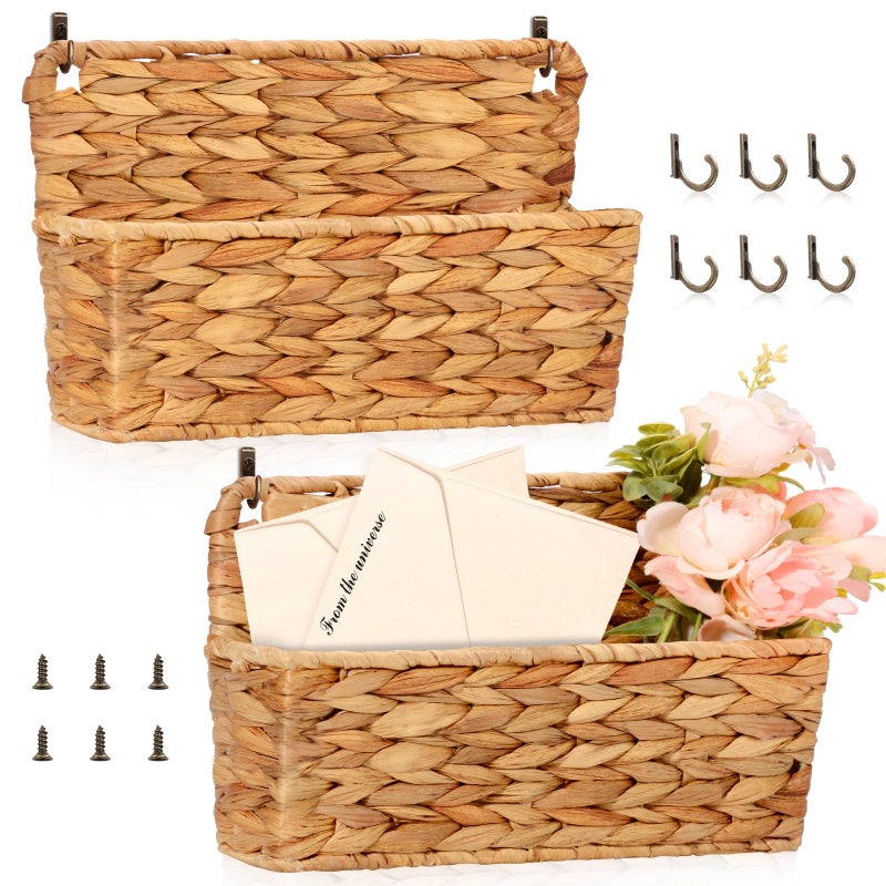 MSHUNKEJI 2 Pcs Woven Mail Holder Wall Mount Basket Rattan Wall Letter Holder Wicker Hanging Magazine Rack Water Hyacinth Magazine Basket Wall File Folder Hanging Storage Basket with Hooks for Envelope Office - Image 1