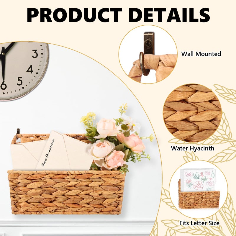MSHUNKEJI 2 Pcs Woven Mail Holder Wall Mount Basket Rattan Wall Letter Holder Wicker Hanging Magazine Rack Water Hyacinth Magazine Basket Wall File Folder Hanging Storage Basket with Hooks for Envelope Office - Image 3