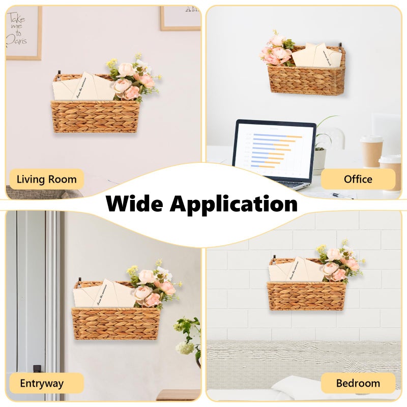 MSHUNKEJI 2 Pcs Woven Mail Holder Wall Mount Basket Rattan Wall Letter Holder Wicker Hanging Magazine Rack Water Hyacinth Magazine Basket Wall File Folder Hanging Storage Basket with Hooks for Envelope Office - Image 4