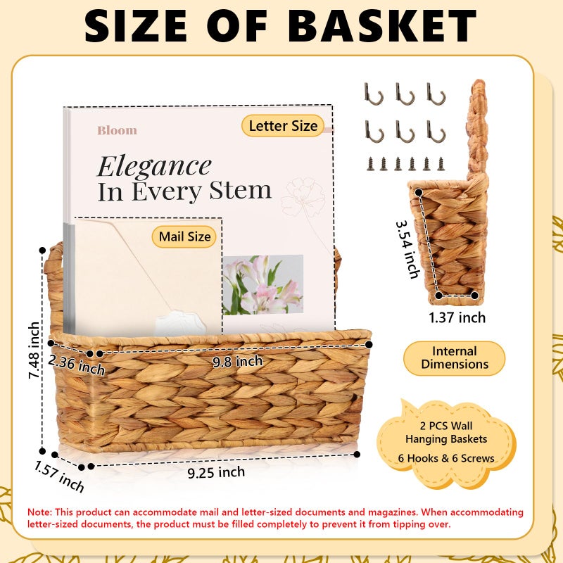 MSHUNKEJI 2 Pcs Woven Mail Holder Wall Mount Basket Rattan Wall Letter Holder Wicker Hanging Magazine Rack Water Hyacinth Magazine Basket Wall File Folder Hanging Storage Basket with Hooks for Envelope Office - Image 2