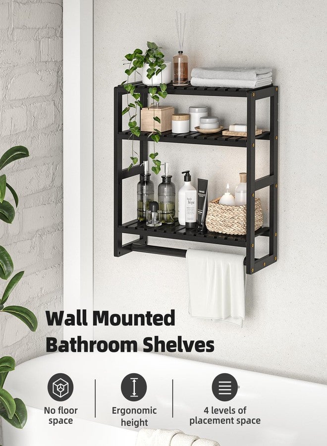 Galood Bathroom Shelves Towel Racks Over Toilet Storage with Towel Bar 3 Tier Floating Wall Mounted Space Saving Bamboo Paper Holder for Bathroom Laundry Room Kitchen Organizers (Black) - Image 2