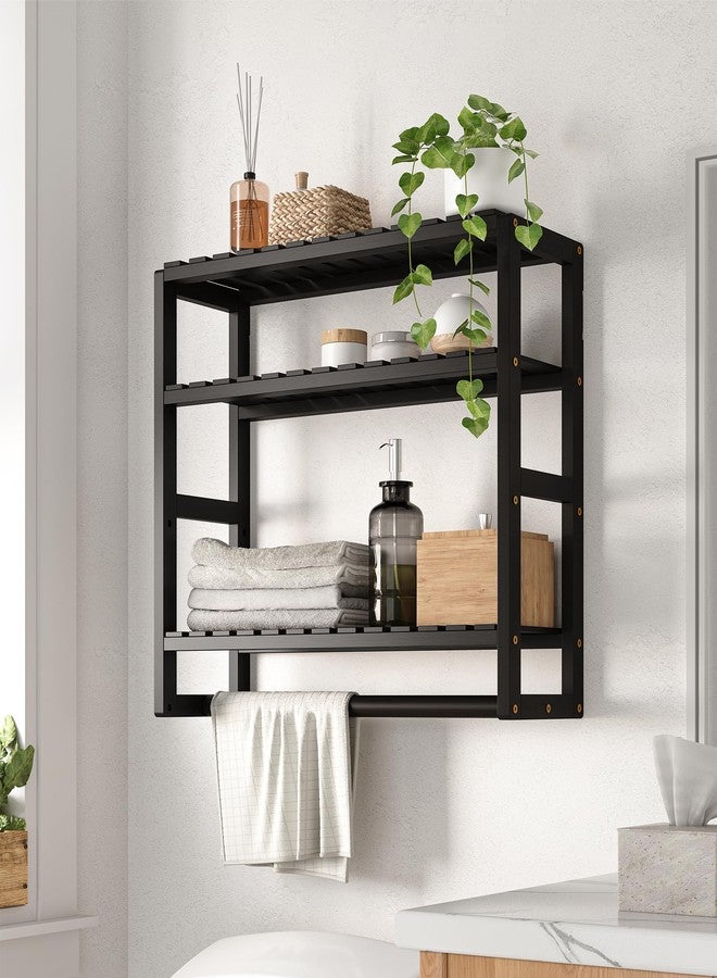 Galood Bathroom Shelves Towel Racks Over Toilet Storage with Towel Bar 3 Tier Floating Wall Mounted Space Saving Bamboo Paper Holder for Bathroom Laundry Room Kitchen Organizers (Black) - Image 1