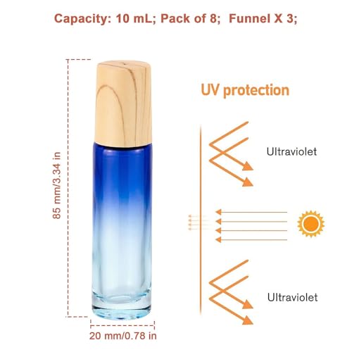Newzoll 10mL13 oz Glass Roller Bottles for Essential Oils 8Pcs LeakProof Refillable Rollerball and Roll On Applicator for Perfume DIY Craft Travel Size Eye Care Samples Blue Gradient - Image 5