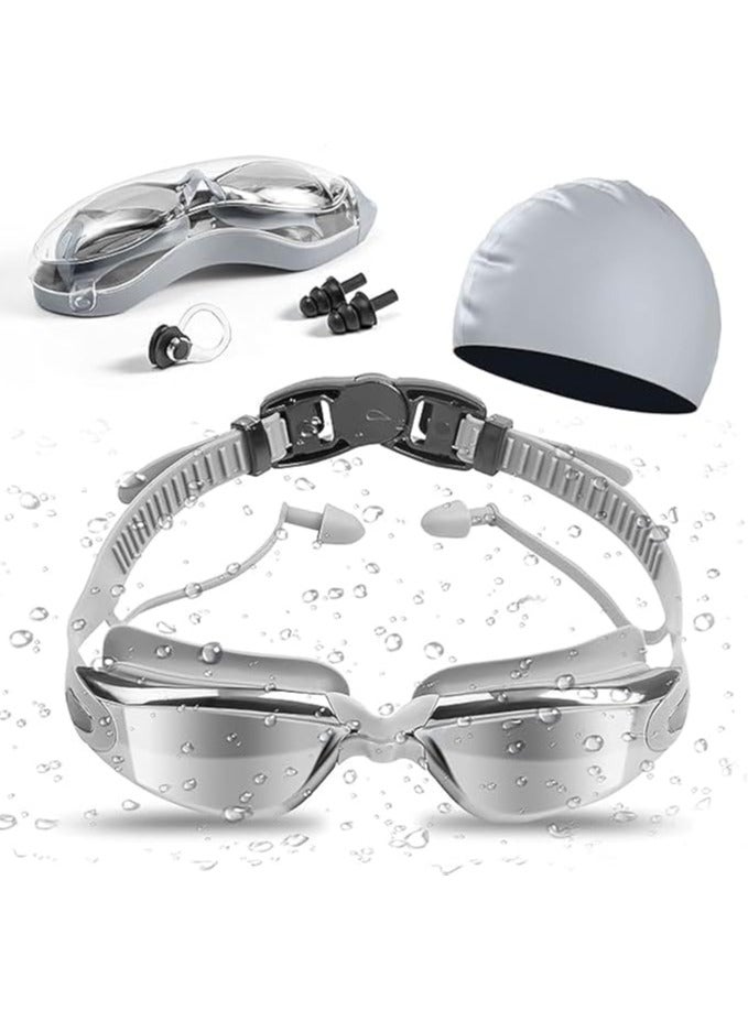 بايتوري مجموعة نظارات السباحة الرمادية مع قبعة سباحة سيليكون للبالغين | عدسات شفافة مضادة للضباب وبحماية من الأشعة فوق البنفسجية | نظارات مقاومة للماء مع مشبك للأنف وسدادات للأذن - Image 1