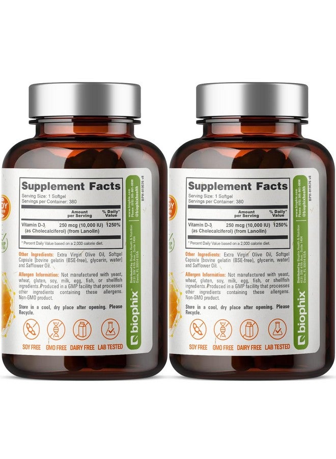 biophix Vitamin D-3 10000 IU 380 Softgels Vitamin 2 Pack - High-Potency in Extra Virgin Olive Oil Non-GMO Soy-Free Supports Strong Bones Immune Health - Image 2