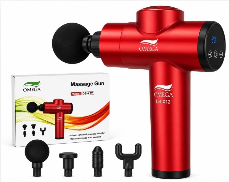 OMEGA DS-X12 Wireless Deep Tissue Percussion Massage Gun with 20 Speeds & 4 Heads - Red - Image 1