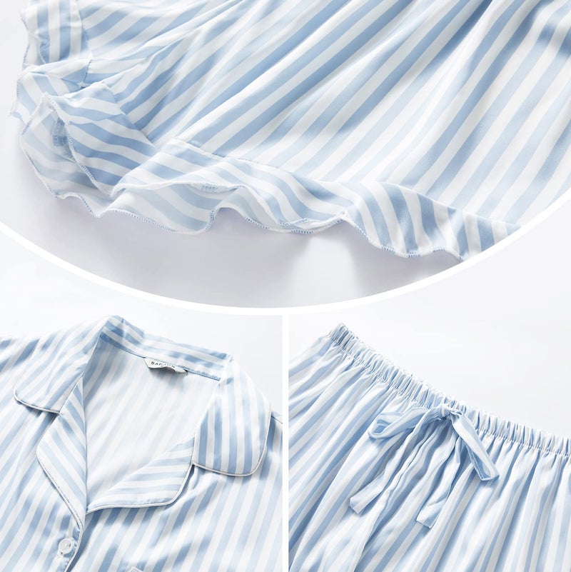 SAPJON Satin Silk Pajamas for Women 2Pcs Ruffle Notch Collar Sleepwear Button Down Short Sleeve Shorts Pjs Set Loungewear - Image 4