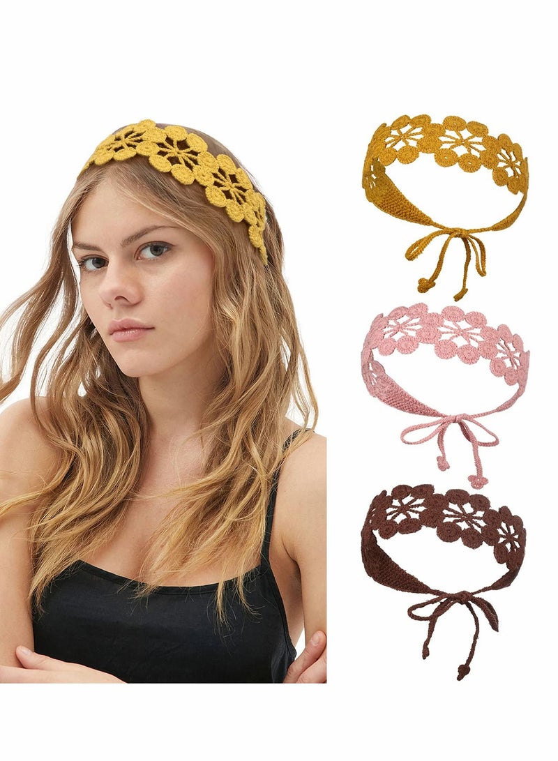 Loquat Crochet Headband Women Floral Hairband - 3PCS Daisy Elastic Handmade Head Wrap Bohemian knit for and Girls(Dark coffee + Pink Turmeric) - Image 1