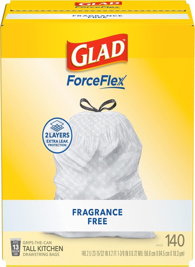 غلاد أكياس قمامة Glad ForceFlex الطويلة برباط للمطبخ، سعة 13 جالون، خالية من العطور، 140 كيس (قد يختلف شكل العبوة) - Image 1