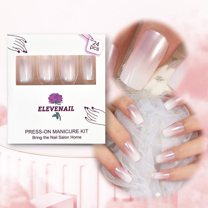 Elevenail Medium Length Press on Nails Pink White False Nails Full Cover Short Fake Nails Faux Ongles Daily DIY Nails Manicure Kits Nail Art Tips - Image 4