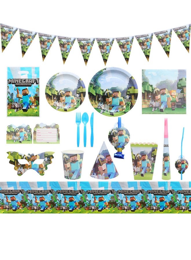 بيوينتي لوازم حفلات ماينكرافت للأطفال، دعائم حفلات ماينكرافت لتزيين الطاولات، لافتة ورقية، أطباق مناديل، أكواب مفرش طاولة، مجموعة أدوات مائدة رياضية لـ 10 ضيوف، ديكورات الحفلات - Image 1