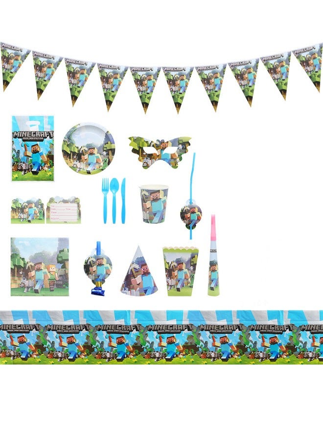 بيوينتي لوازم حفلات ماينكرافت للأطفال، دعائم حفلات ماينكرافت لتزيين الطاولات، لافتة ورقية، أطباق مناديل، أكواب مفرش طاولة، مجموعة أدوات مائدة رياضية لـ 10 ضيوف، ديكورات الحفلات - Image 4