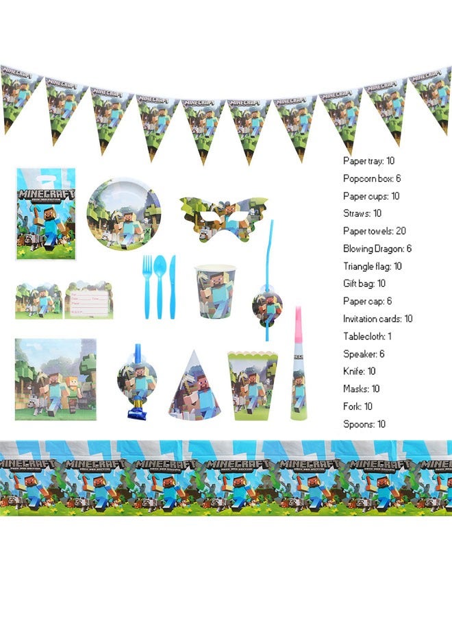 بيوينتي لوازم حفلات ماينكرافت للأطفال، دعائم حفلات ماينكرافت لتزيين الطاولات، لافتة ورقية، أطباق مناديل، أكواب مفرش طاولة، مجموعة أدوات مائدة رياضية لـ 10 ضيوف، ديكورات الحفلات - Image 3