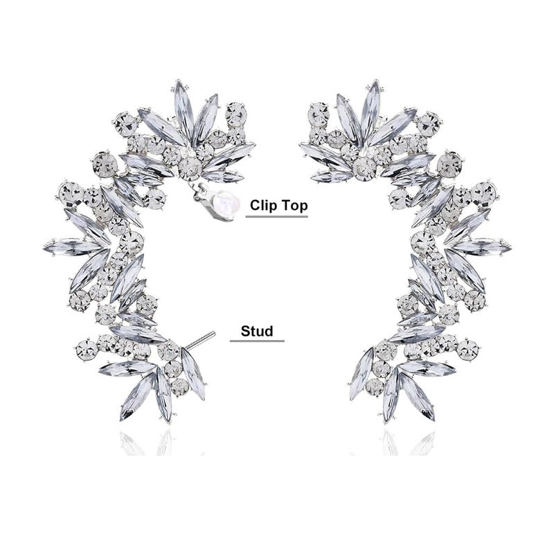 STONEFANS Rhinestone Silver Full Ear Cuff Earrings for Women Ear Clip Wrap Statement Climber Crawler Earrings for Women Hypoallergenic Wedding Jewelry Gifts (Silver) - Image 2
