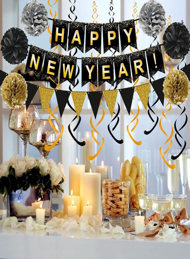FECEDY Happy New Year Set Black Banner with Gold Black Paper Flag Bunting Swirl Streamers & Pom Poms for Happy New Year Party Decorations - Image 5