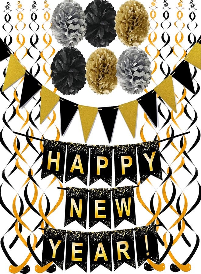 FECEDY Happy New Year Set Black Banner with Gold Black Paper Flag Bunting Swirl Streamers & Pom Poms for Happy New Year Party Decorations - Image 1