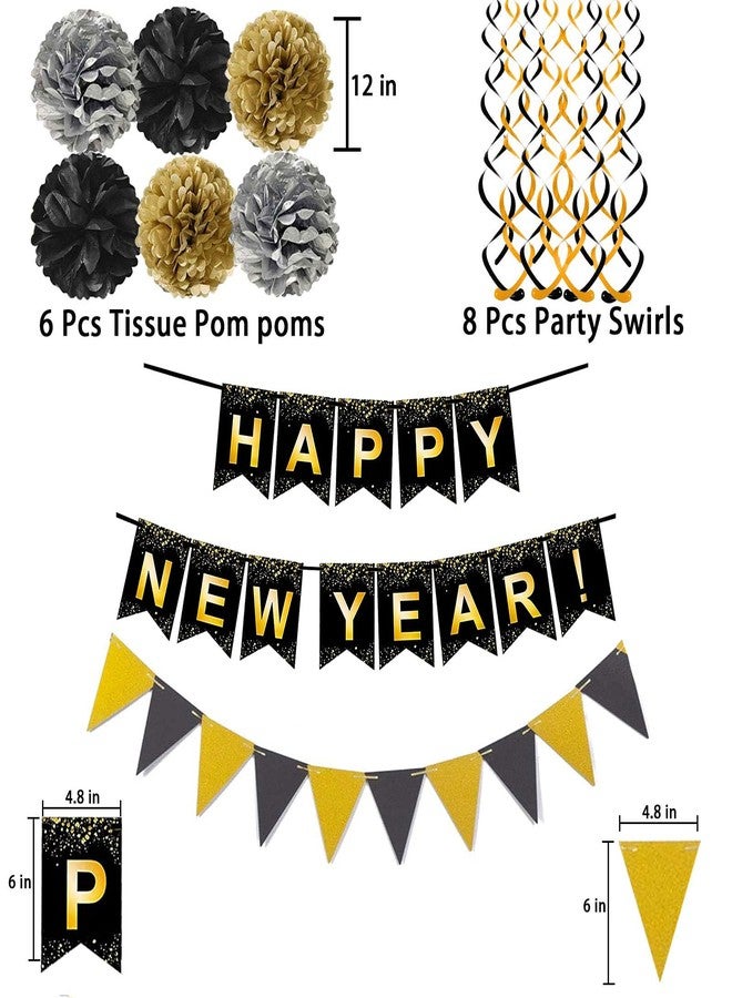 FECEDY Happy New Year Set Black Banner with Gold Black Paper Flag Bunting Swirl Streamers & Pom Poms for Happy New Year Party Decorations - Image 2