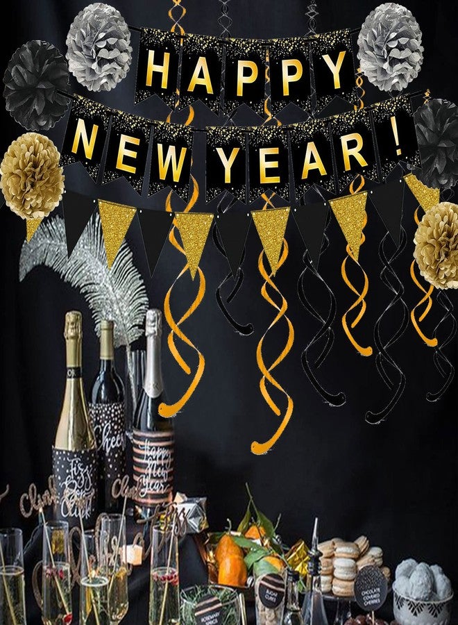 FECEDY Happy New Year Set Black Banner with Gold Black Paper Flag Bunting Swirl Streamers & Pom Poms for Happy New Year Party Decorations - Image 4