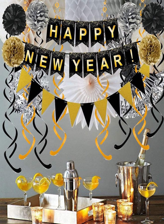FECEDY Happy New Year Set Black Banner with Gold Black Paper Flag Bunting Swirl Streamers & Pom Poms for Happy New Year Party Decorations - Image 3