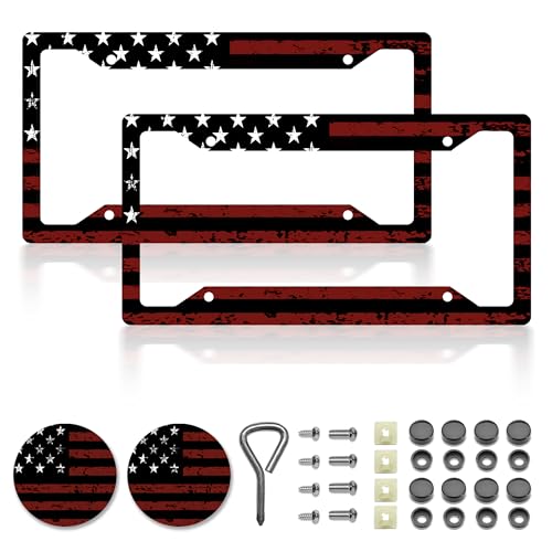 DGDRHZ Black Red American Flag License Plate Frames American Flag Car Accessories for Women MenUS Car Plate License Plate HolderAluminum License Plate Frame Fits Standard Vehicles Size 122 x 6 Inch - Image 1