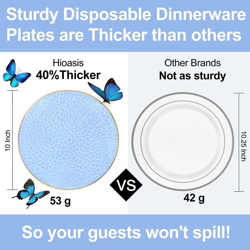 Rubtlamp 100 Pcs Blue And Gold Plastic Plates - 10 inch Clear Blue Gold Dinner Plates - Hammer Pattern Design - Fancy Disposable Plates - Heavy-Duty Party Plate for All Occasions - Image 1