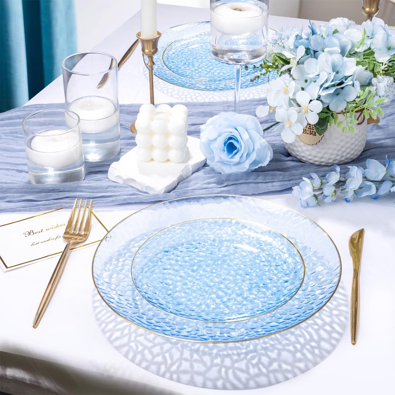 Rubtlamp 100 Pcs Blue And Gold Plastic Plates - 10 inch Clear Blue Gold Dinner Plates - Hammer Pattern Design - Fancy Disposable Plates - Heavy-Duty Party Plate for All Occasions - Image 2