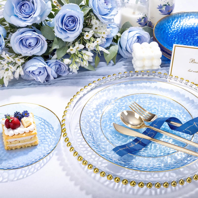 Rubtlamp 100 Pcs Blue And Gold Plastic Plates - 10 inch Clear Blue Gold Dinner Plates - Hammer Pattern Design - Fancy Disposable Plates - Heavy-Duty Party Plate for All Occasions - Image 3