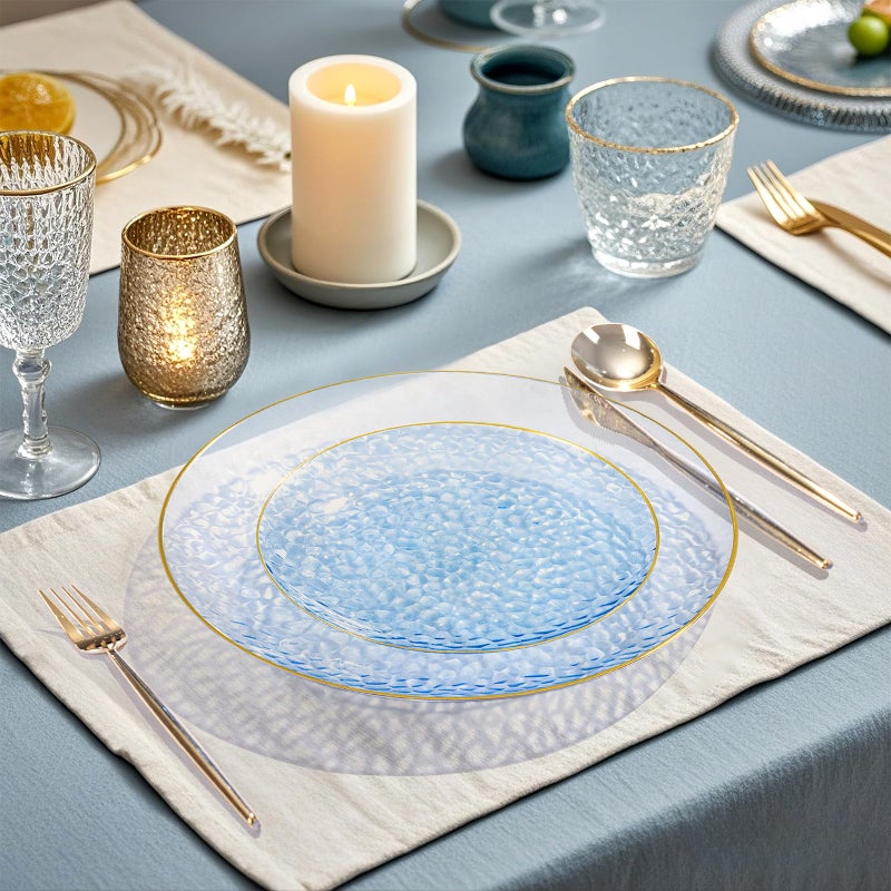 Rubtlamp 100 Pcs Blue And Gold Plastic Plates - 10 inch Clear Blue Gold Dinner Plates - Hammer Pattern Design - Fancy Disposable Plates - Heavy-Duty Party Plate for All Occasions - Image 4