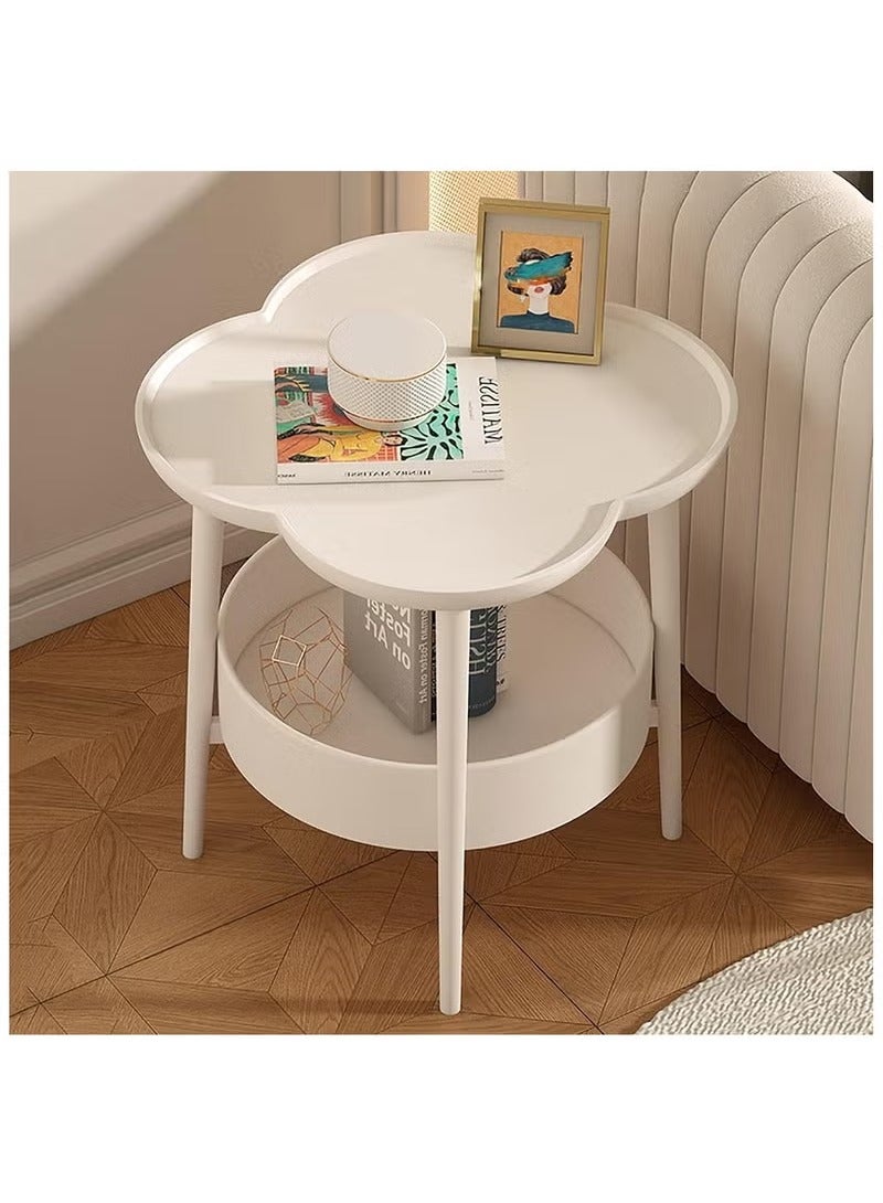 عربست طاولة جانبية بيضاء، طاولة صينية قابلة للإزالة على شكل بتلة، طاولة جانبية من طبقتين مع سلة رف تخزين، طاولة قهوة، طاولة جانبية جانبية، مناسبة لغرفة المعيشة أو غرفة النوم أو المكتب أو الفناء أو الشرفة أو الحديقة - Image 1