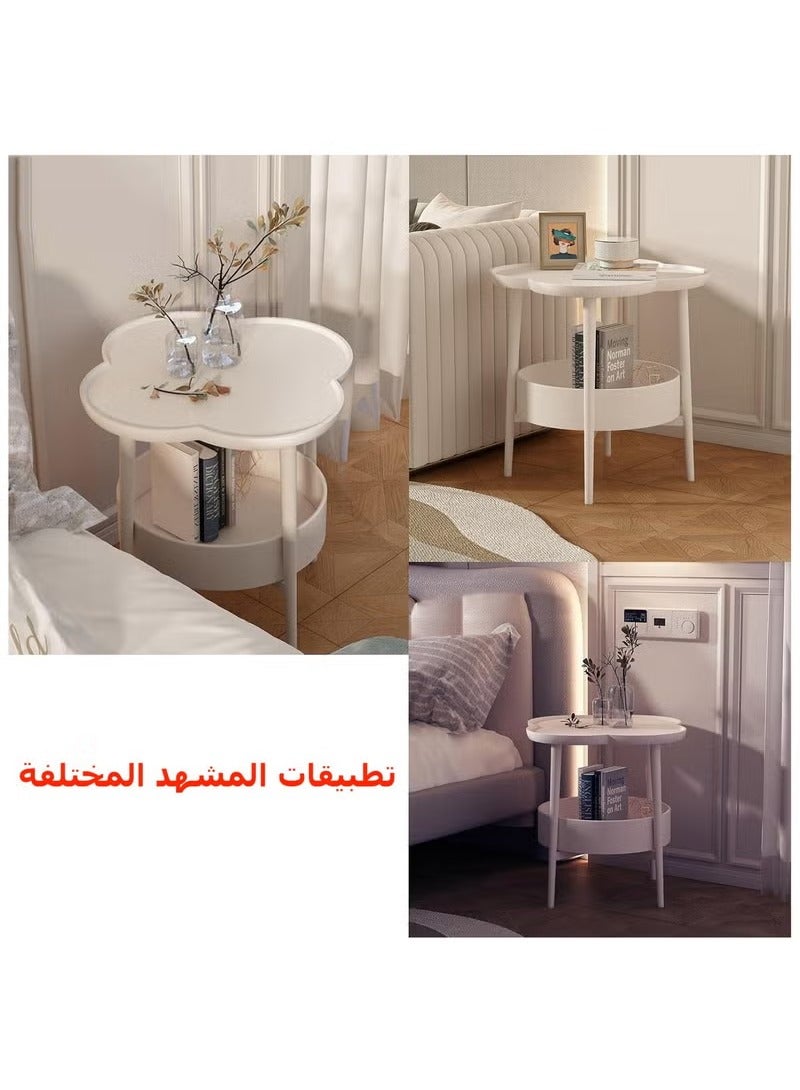 عربست طاولة جانبية بيضاء، طاولة صينية قابلة للإزالة على شكل بتلة، طاولة جانبية من طبقتين مع سلة رف تخزين، طاولة قهوة، طاولة جانبية جانبية، مناسبة لغرفة المعيشة أو غرفة النوم أو المكتب أو الفناء أو الشرفة أو الحديقة - Image 2
