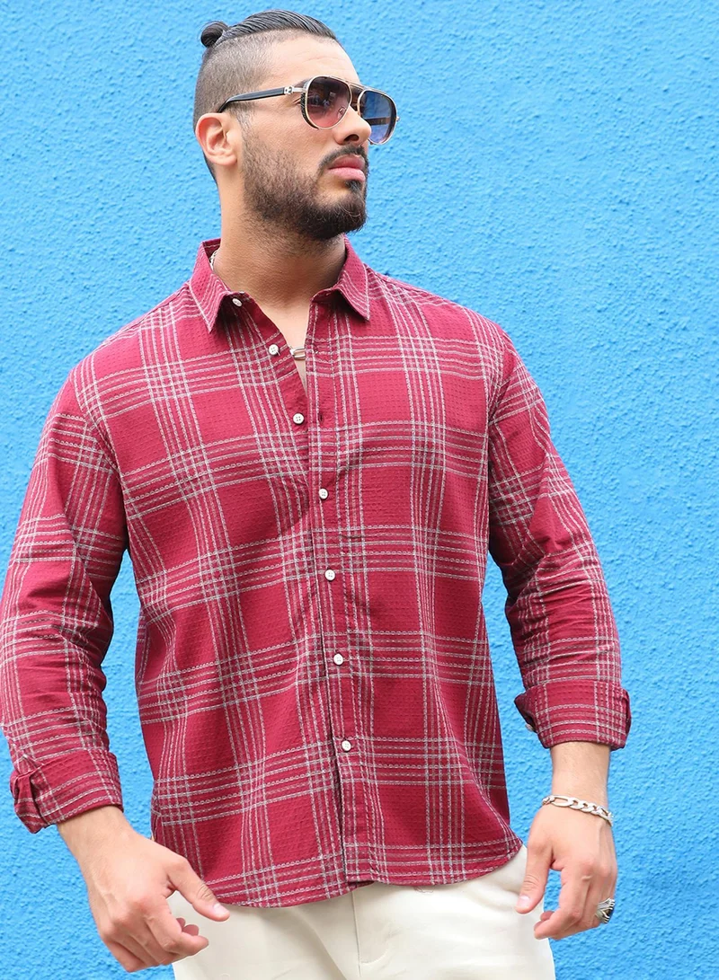 Instafab Plus Instafab Plus Men's Maroon Red Chalk Tartan Plaid Shirt For Casual Wear | Spread Collar | Long Sleeve | Button Closure | Cotton Blend Shirt Crafted With Comfort Fit For Everyday Wear