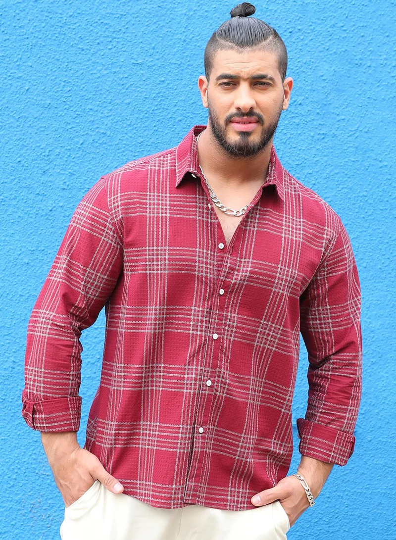 Instafab Plus Instafab Plus Men's Maroon Red Chalk Tartan Plaid Shirt For Casual Wear | Spread Collar | Long Sleeve | Button Closure | Cotton Blend Shirt Crafted With Comfort Fit For Everyday Wear