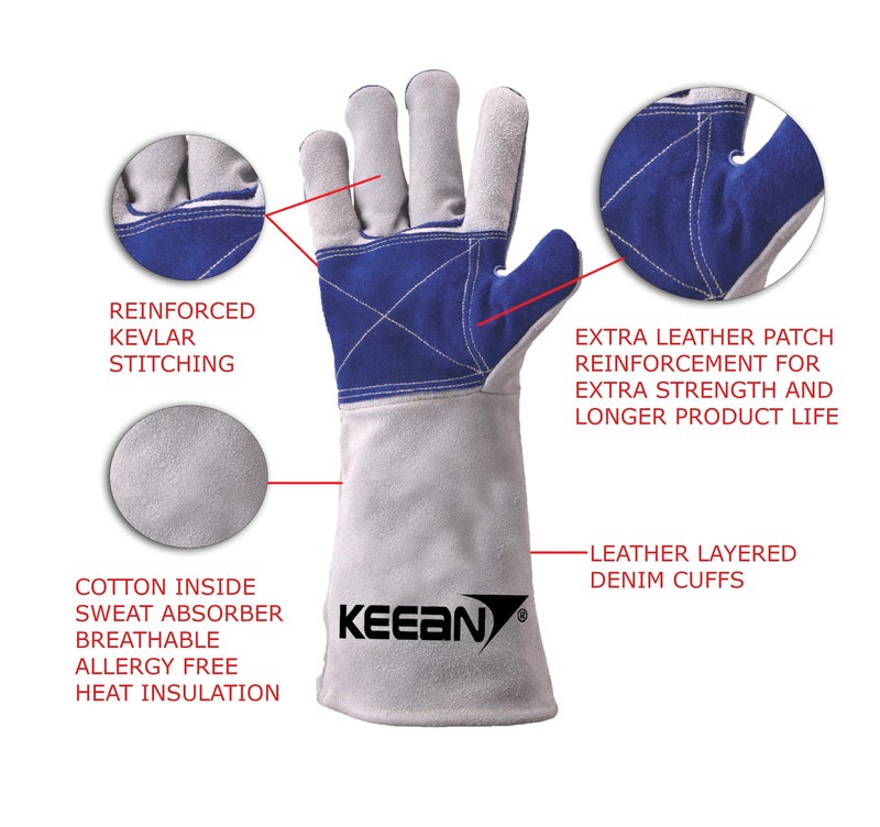 KEEAN MIG/ARC/TIG Welding 14 Inch Gloves with Extra Padded Palm Leather High Temperature Hot Thermal Work Safety Heavy Duty Heat&Fire Resistant at 350°C Leather Cut Proof Gaunlets. - Image 3