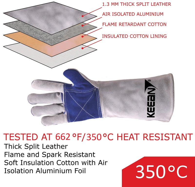 KEEAN MIG/ARC/TIG Welding 14 Inch Gloves with Extra Padded Palm Leather High Temperature Hot Thermal Work Safety Heavy Duty Heat&Fire Resistant at 350°C Leather Cut Proof Gaunlets. - Image 5