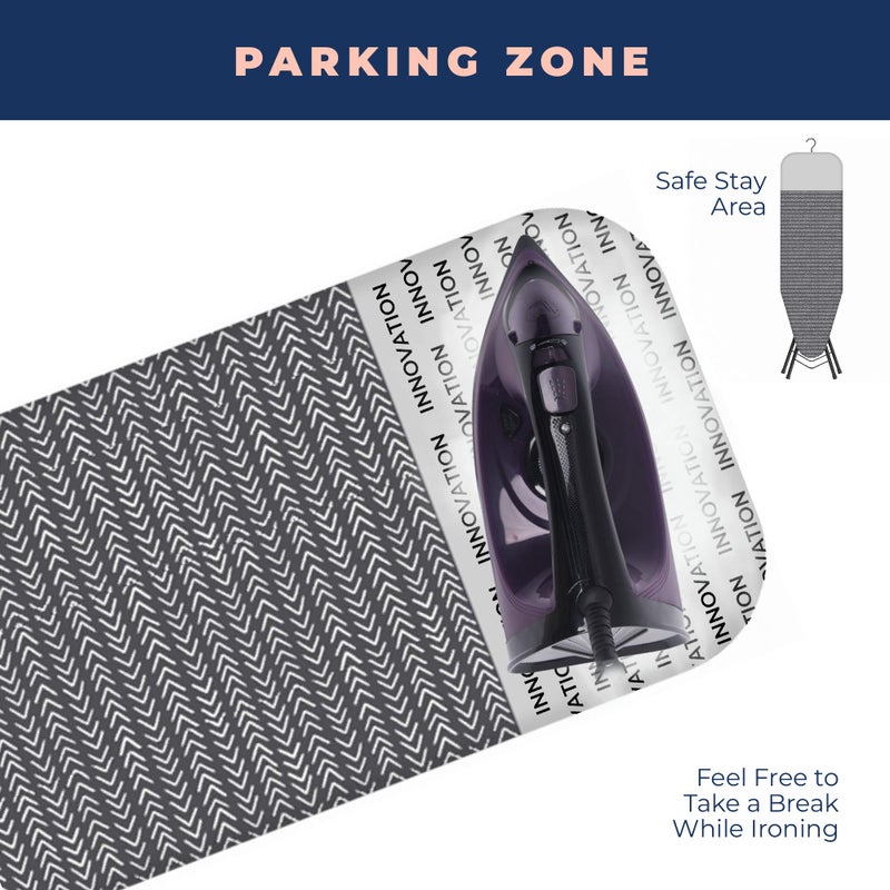 Happhom Ironing Board, Compact and Space Saver Iron Board, Safety Ironing with Park Zone and 4 Layers Extra Thick Cover, Patented Lock System for Foldable Leg, Easy Storage with Smart Hanger (13x43) - Image 4