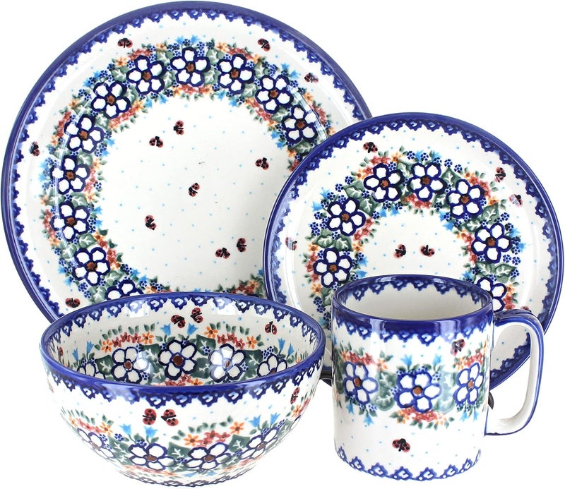 Blue Rose Pottery طقم عشاء من الفخار البولندي سكارليت 16 قطعة باللون الأزرق الوردي - Image 1